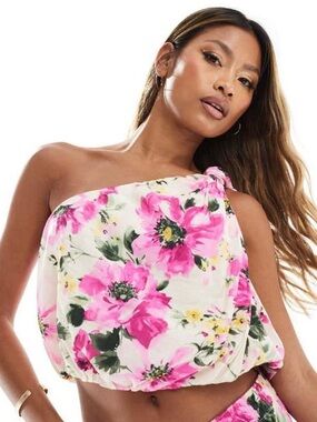 Abercrombie & Fitch Co Ord Floral Rose One Shoulder Crop Crinkle Tank Top Small